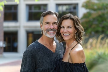 Wall Mural - Portrait of a grinning caucasian couple in their 40s donning a trendy cropped top in front of modern university campus background