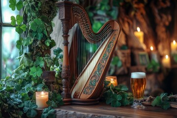 Wall Mural - Glass of beer and small harp standing on a wooden window sill decorated with shamrocks and string lights, celebrating saint patrick's day