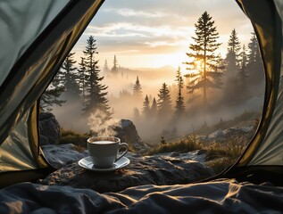 Fototapete - Cup of coffee in a tent at sunrise in the mountains.