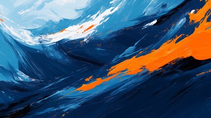 Poster - Bold colors and dynamic brush strokes illustrate an abstract representation of ocean waves, blending blue and orange hues in an expressive form