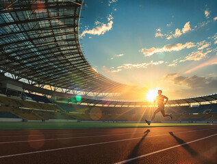 Poster - Running man on stadium track at sunset. Mixed media. Mixed media