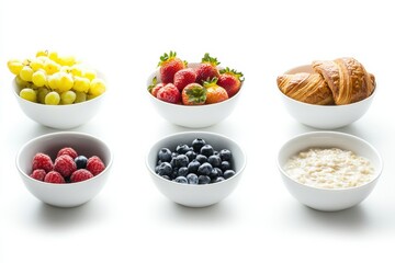Poster - A delightful breakfast spread showcases bowls of berries, grapes, and a croissant alongside creamy porridge on a white table. Generative AI