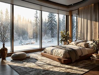 Poster - 3d rendering cozy bedroom with window overlooking the forest and mountains.