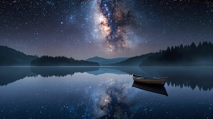Poster - Fantastic night landscape with a boat on the lake and a milky way