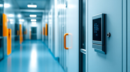  A modern corridor featuring sleek doors and an electronic control panel, emphasizing a clean and efficient design.