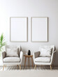 © Fonzy - Modern minimalist living room with two armchairs and blank picture frames. Concept of cozy, elegant, and stylish interior design.