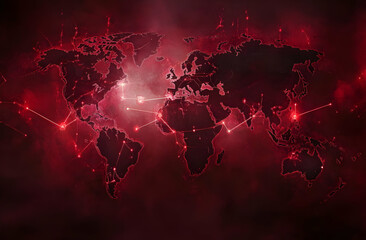 Poster - Glowing red lines connecting major cities across a dark world map, symbolizing global network or crisis.