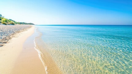 Wall Mural - Serene Beach Landscape with Crystal Clear Water and Soft Sand Under a Bright Blue Sky on a Tranquil Summer Day for Relaxation and Travel Inspiration