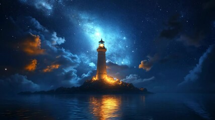 Wall Mural - a lighthouse is lit up in the dark sky. the sky is filled with clouds and stars. the lighthouse is s