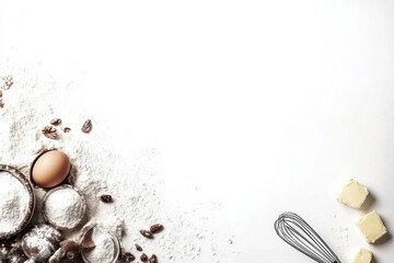 Poster - Flour, eggs, butter, and a whisk are artistically placed on a white background with blank space for text or recipes. Generative AI