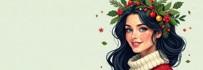 Wall Mural - Banner beautiful dark-haired woman, in her hair she has an intricate nest of leaves and branches of fir, berries and leaves, and Christmas decorations. In her nest she has brightly colored garlands.