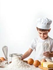 Poster - Key baking ingredients are neatly arranged, including flour, eggs, butter, and a whisk, with space available for recipe text. Generative AI