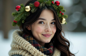 Wall Mural - A beautiful dark-haired woman, in her hair she has an intricate nest of leaves and branches of fir, berries and leaves, and Christmas decorations. In her nest she has brightly colored garlands.