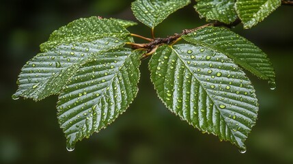 Wall Mural - Saturated green leaves adorned with glistening raindrops showcase the beauty of nature and the importance of sustainability in a peaceful forest atmosphere