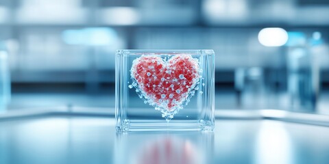 Poster - A 3D heart made of colorful particles is encased in a clear box, symbolizing love and science in a modern laboratory setting.