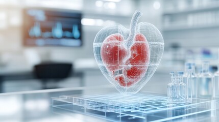 Aufkleber - A transparent, holographic heart model with red lungs is displayed on a futuristic lab table, highlighting advancements in medical technology and research.