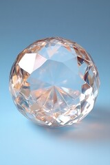 Poster - A radiant crystal sphere sits on a smooth blue surface, capturing and reflecting light with dazzling brilliance, showcasing intricate facets and clarity