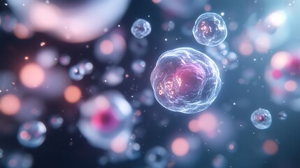 Poster - A vibrant depiction of microscopic cells floating in a colorful background, showcasing their intricate structures and biological detail.