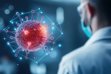 Poster - A researcher observes a digital representation of a virus, emphasizing the intersection of science and technology in combating diseases.