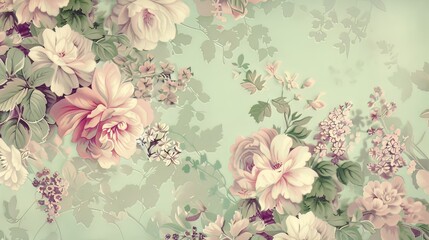  Vintage pink roses with purple blooms on sage mint wallpaper background