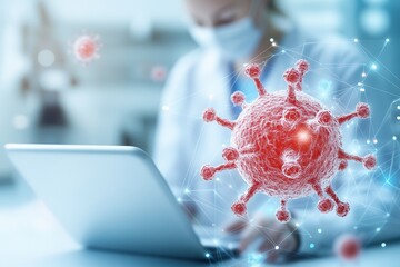 Poster - A healthcare professional in a mask studies a computer, with a digital representation of a virus highlighted in the foreground.