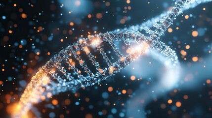 Poster - A vibrant, abstract representation of a DNA double helix amidst floating particles, symbolizing genetic science and molecular biology.