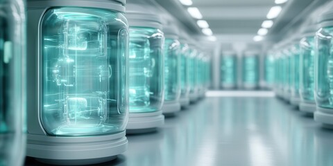 Poster - A futuristic scene featuring rows of transparent containers filled with a luminous blue substance in a sleek, modern environment.