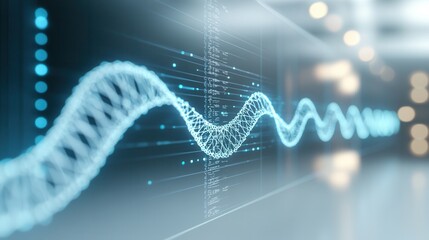 Aufkleber - A futuristic digital representation of a wave pattern that symbolizes data flow or genetic information, featuring glowing blue elements against a sleek background.