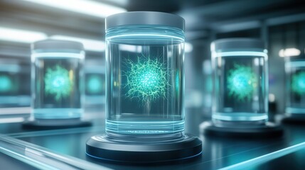 Poster - A futuristic laboratory scene featuring glowing jars with intricate designs, suggesting advanced scientific research or experimentation.