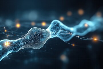 Poster - A glowing, abstract representation of a molecular structure, showcasing interconnected nodes and sparkling elements against a dark background.