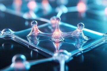 Poster - A close-up view of molecular structures, showcasing droplets and light reflections on a surface, emphasizing scientific exploration and innovation.