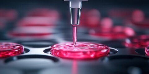 Poster - A close-up image of a pipette dispensing pink liquid into circular wells, showcasing a laboratory environment focused on precision and scientific experimentation.