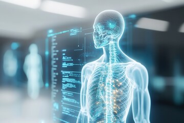 Poster - A digital representation of a human skeleton, highlighting anatomical structures with glowing lines, set against a modern, high-tech background.