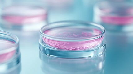 Poster - A close-up of petri dishes containing a pink liquid, set against a soft-focus, blue background, evoking a scientific laboratory atmosphere.