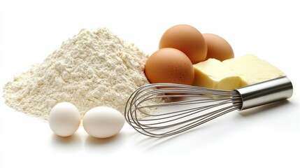 Poster - Flour, eggs, a whisk, and butter are neatly arranged on a plain background, with space available for adding custom text and recipes. Generative AI