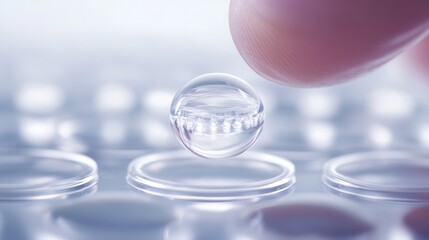 Poster - A close-up of a finger delicately touching a small, spherical droplet on a surface, showcasing precision and clarity in a scientific context.