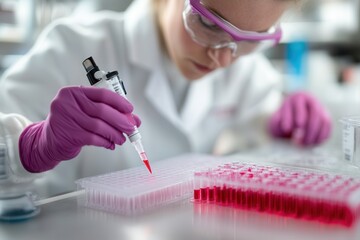 Poster - A scientist in a lab conducts experiments using a pipette, wearing protective gear and focusing on precise measurements.