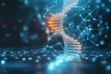 Fototapete - A glowing DNA double helix structure illuminated by blue lights, symbolizing genetics, technology, and innovation in a digital landscape.
