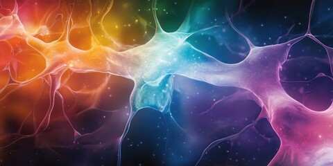 Aufkleber - A vibrant, abstract depiction of interconnected neural networks, showcasing colorful, glowing patterns resembling synapses and cosmic elements.