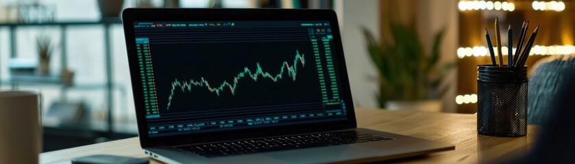 Poster - Modern workspace featuring a laptop with stock market data, showcasing finance and productivity in a professional setting.