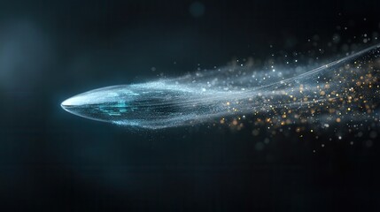 Aufkleber - A sleek, futuristic object glides through a dark, sparkling environment, leaving a trail of shimmering particles in its wake.