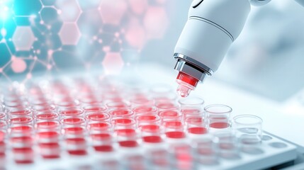 Poster - A high-tech microscope dispensing red liquid into a multi-well plate, illustrating advanced laboratory research and analysis.