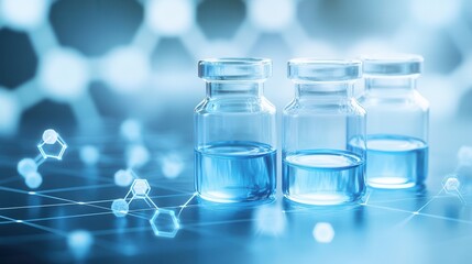 Poster - Three glass vials filled with blue liquid sit on a digital background, symbolizing scientific research and pharmaceutical innovation.