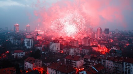 Poster - Fireworks exploding over cityscape during new year's eve celebration