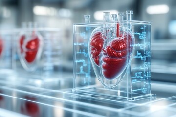 Poster - A futuristic display of transparent hearts in glass containers, symbolizing advanced medical research and technology in cardiology.