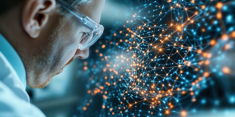 Poster - A focused scientist examines data visualization, showcasing interconnected nodes and vibrant colors representing complex information in a modern research environment.