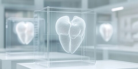 Aufkleber - The image features transparent displays showcasing heart models, emphasizing medical research and anatomical studies in a clinical setting.