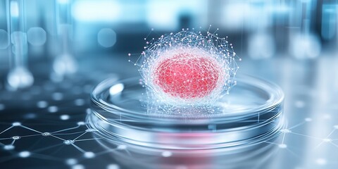 Aufkleber - A glowing red sphere surrounded by a network of particles, sitting in a glass petri dish, symbolizing scientific research and innovation.
