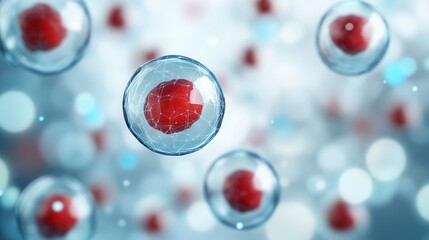 Poster - A vibrant depiction of cells with red centers suspended in a blue background, illustrating biological structures in a scientific context.