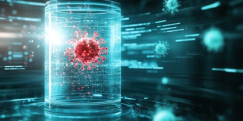 Poster - A digital representation of a virus encapsulated in a high-tech container, surrounded by glowing data streams and visual elements.